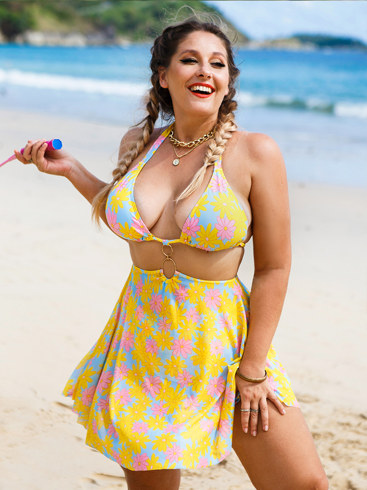 Floral Printed With Skirt Plus Size Bikini