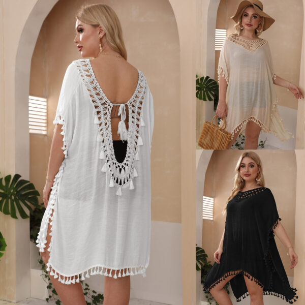 Hand Crocheting Stitching Backless Tassel Plus Size Cover-up