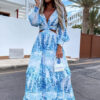 Spring Floral Printed V-neck Long Sleeve Elegant Dress