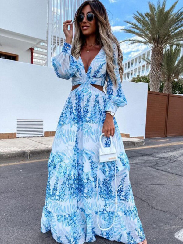 Spring Floral Printed V-neck Long Sleeve Elegant Dress