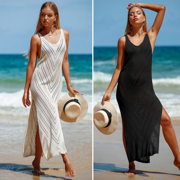 V-neck Solid Color Knitted Maxi Dress